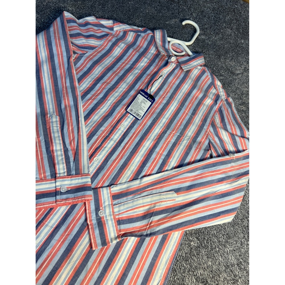 R&B Boys Striped Button Down Shirt Pink Blue White Long Sleeve Size 13-14Y NWT